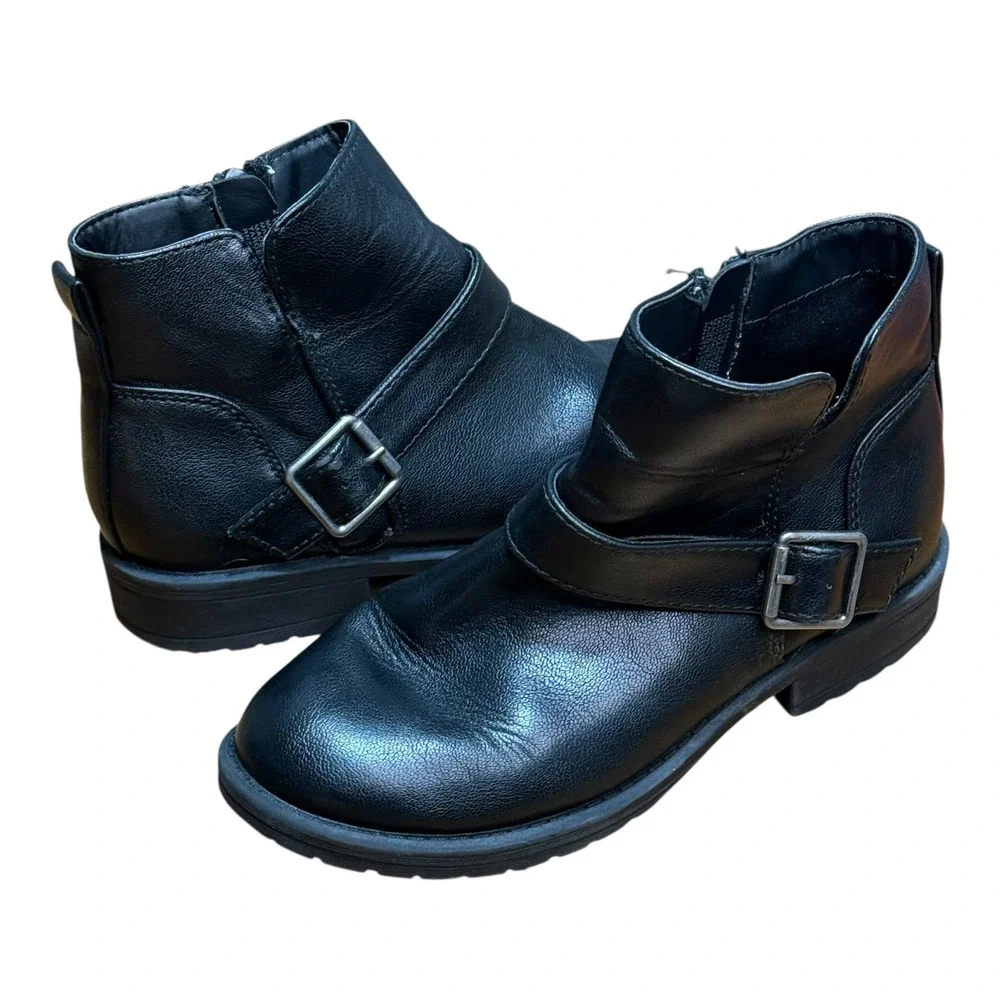 Art Class Moto Ankle Boots Kids Size 2 Black‎ Good Buckle Side Zip Booties